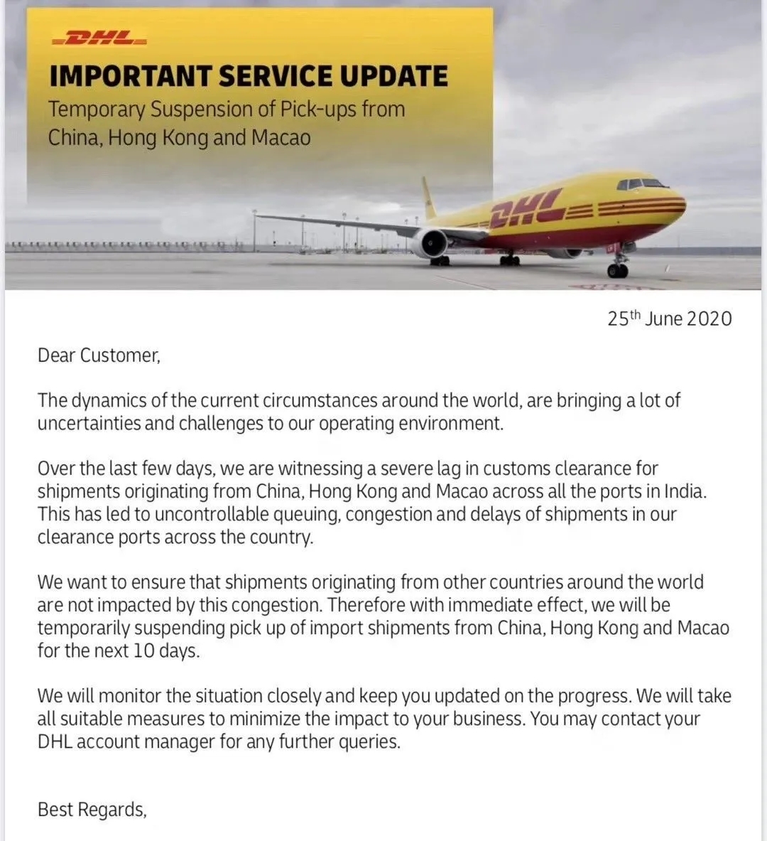 DHL紧急通知：暂停接收发往印度的货物！